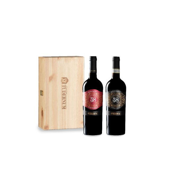 Immagine di Confezione Regalo in legno ECCELLENZE TUDERNUM con 2 bottiglia di vino rosso "SAGRANTINO MONTEFALCO DOCG" e "ROJANO SUPERIORE" D.O.C.Todi